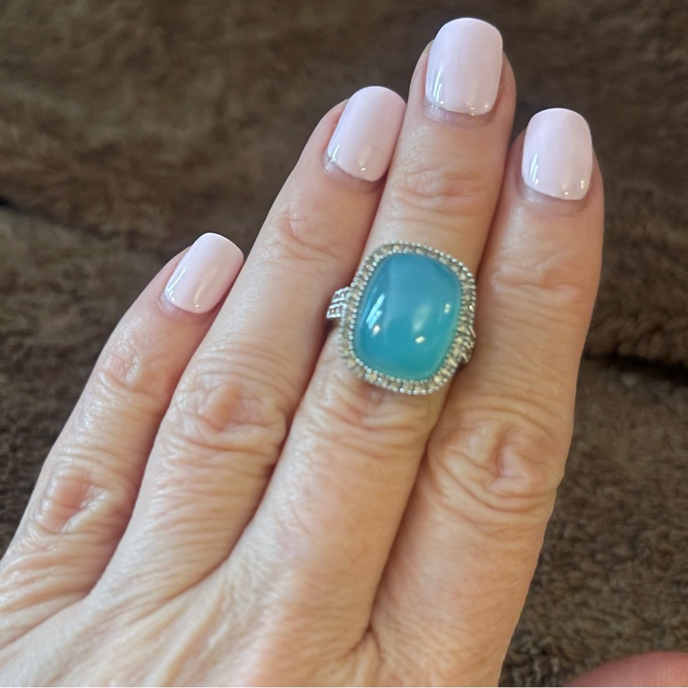Beautiful Blue calcedony and diamond ring.